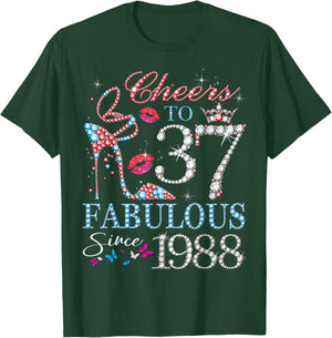 Cheers to 37 Years Old EST 1988 37th Birthday Queen T-Shirt - T-Shirt | Forest