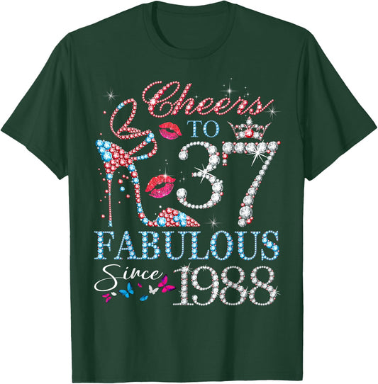 Cheers to 37 Years Old EST 1988 37th Birthday Queen T-Shirt - T-Shirt | Forest