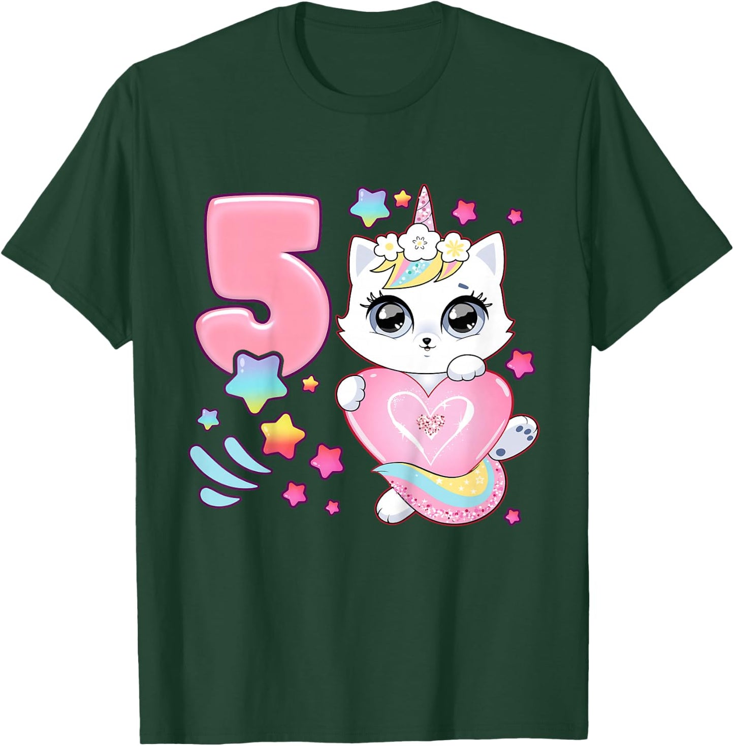 Birthday girl 5 years old, cat, unicorn, 5th birthday T-Shirt - T-Shirt | Forest