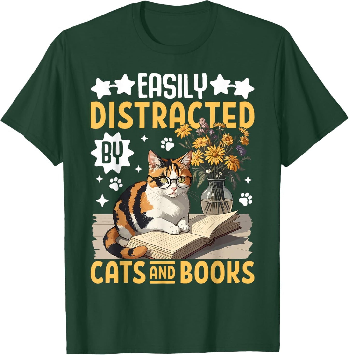 Easily Distracted By Cats and Books For Book Lover & Cat Fan Women T-Shirt - T-Shirt | Forest
