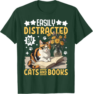 Easily Distracted By Cats and Books For Book Lover & Cat Fan Women T-Shirt - T-Shirt | Forest