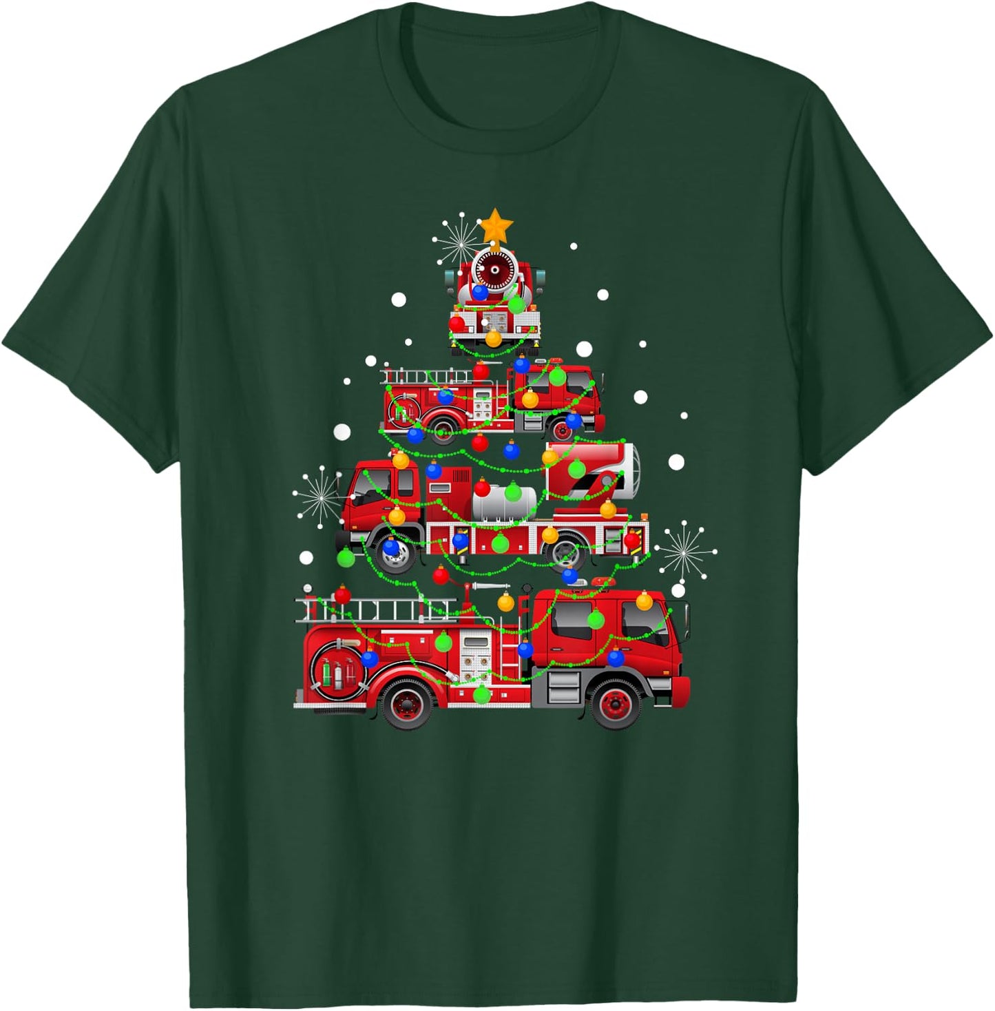 Funny Christmas Decor Firefighter Truck Christmas Tree T-Shirt - T-Shirt | Forest