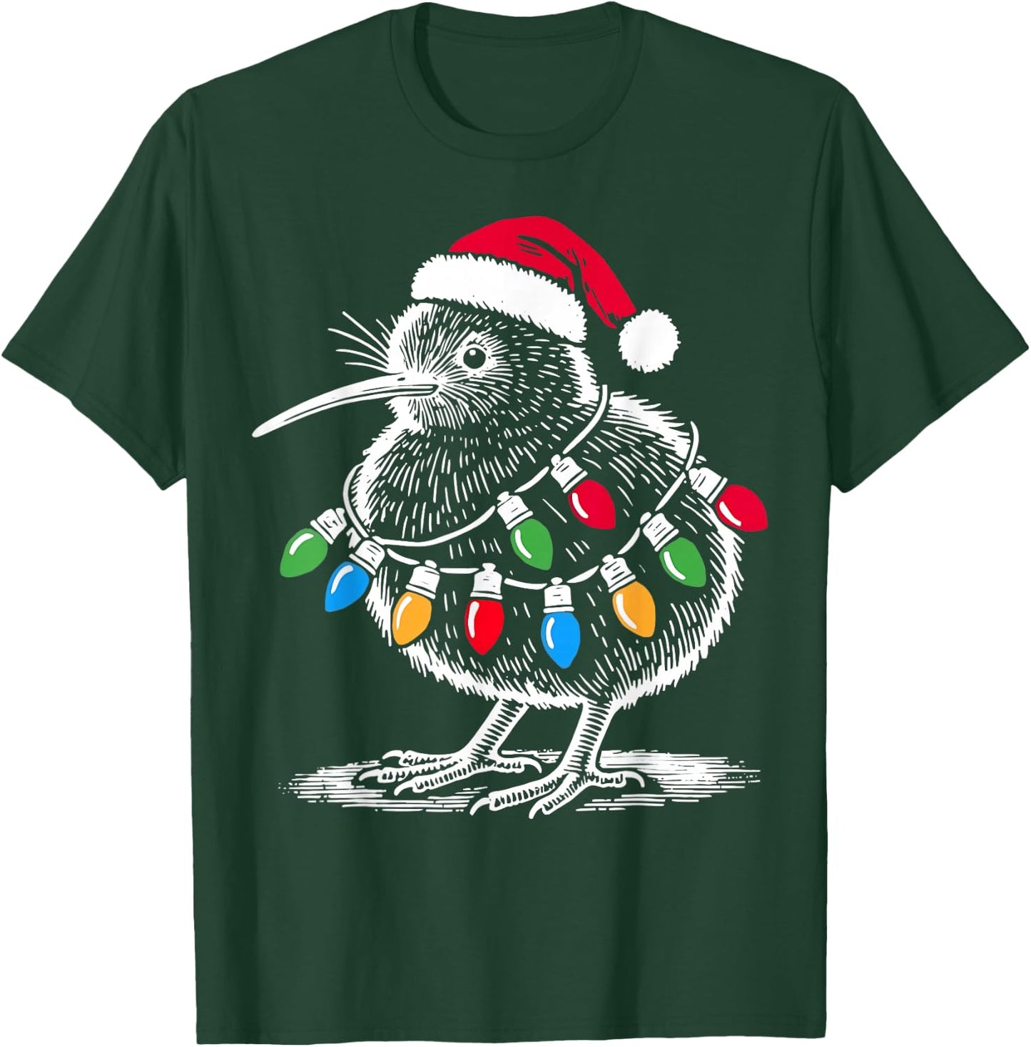 Vintage Kiwi Bird Santa Hat Christmas Light Birding Animal T-Shirt - T-Shirt | Forest