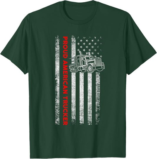 Proud American Trucker - Patriotic Driver - American Flag T-Shirt - T-Shirt | Forest