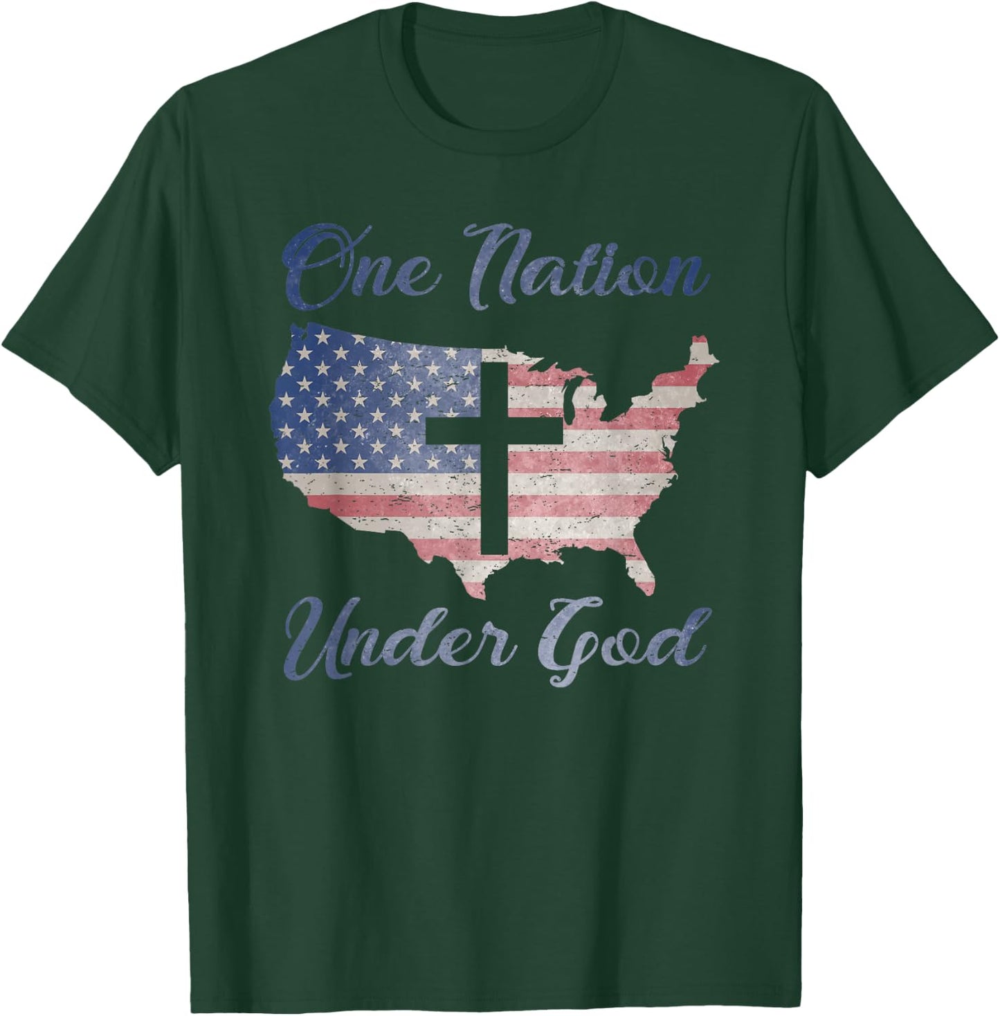 ONE NATION UNDER GOD Christian Cross American Flag USA Map T-Shirt - T-Shirt | Forest