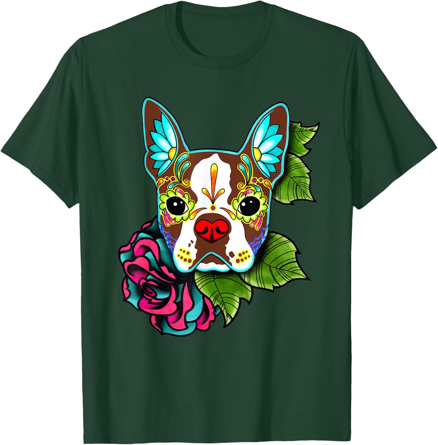 Boston Terrier in Red - Day of the Dead Sugar Skull Dog T-Shirt - T-Shirt | Forest