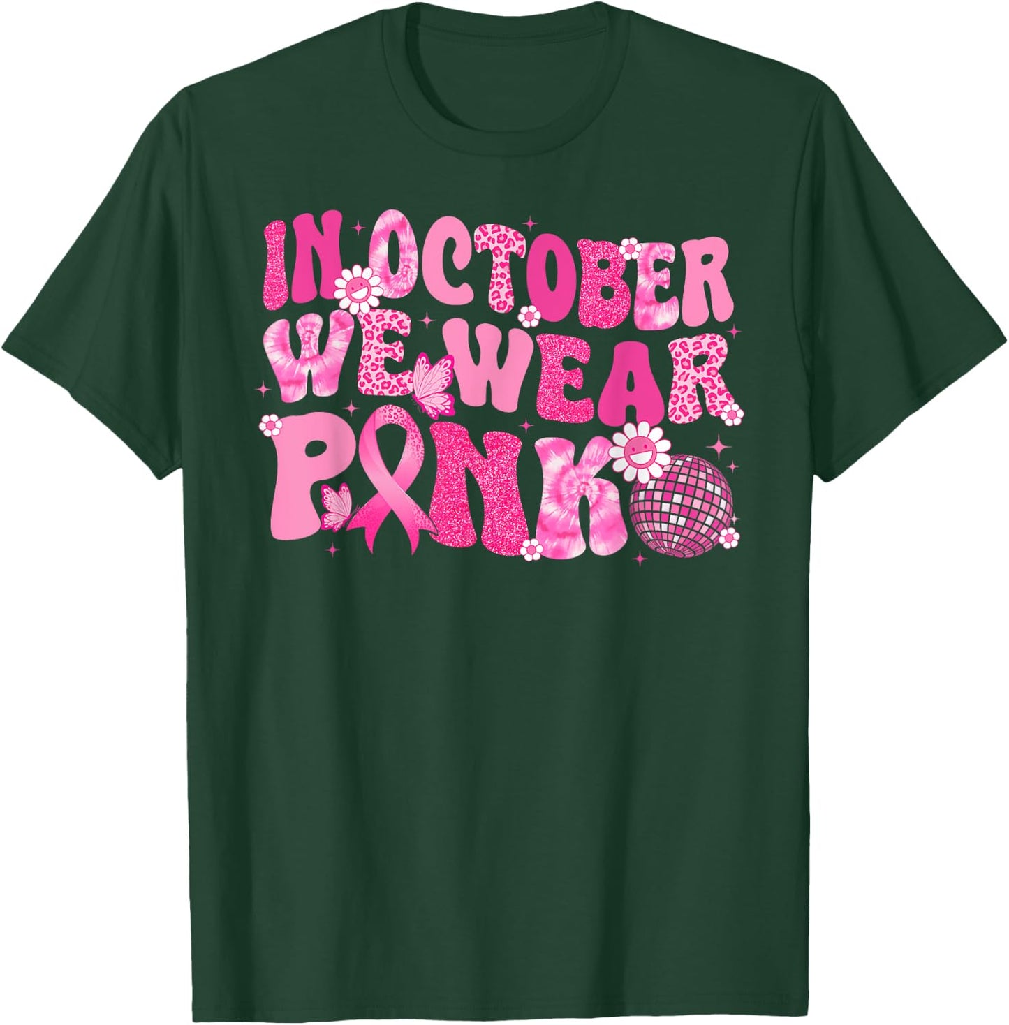 In October We Wear Pink Breast Cancer Awareness Disco Retro T-Shirt - T-Shirt | Forest