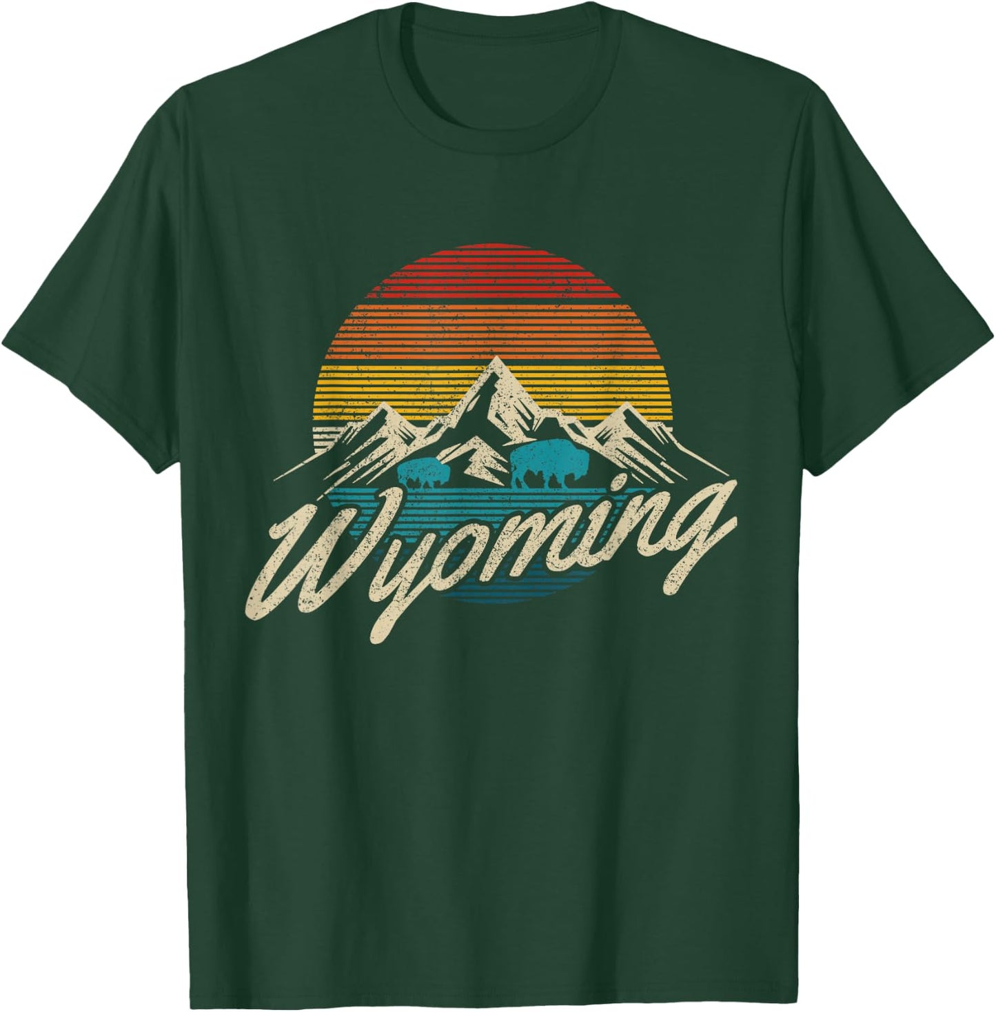 Wyoming Vintage Mountains Bison American Buffalo Gift T-Shirt - T-Shirt | Forest