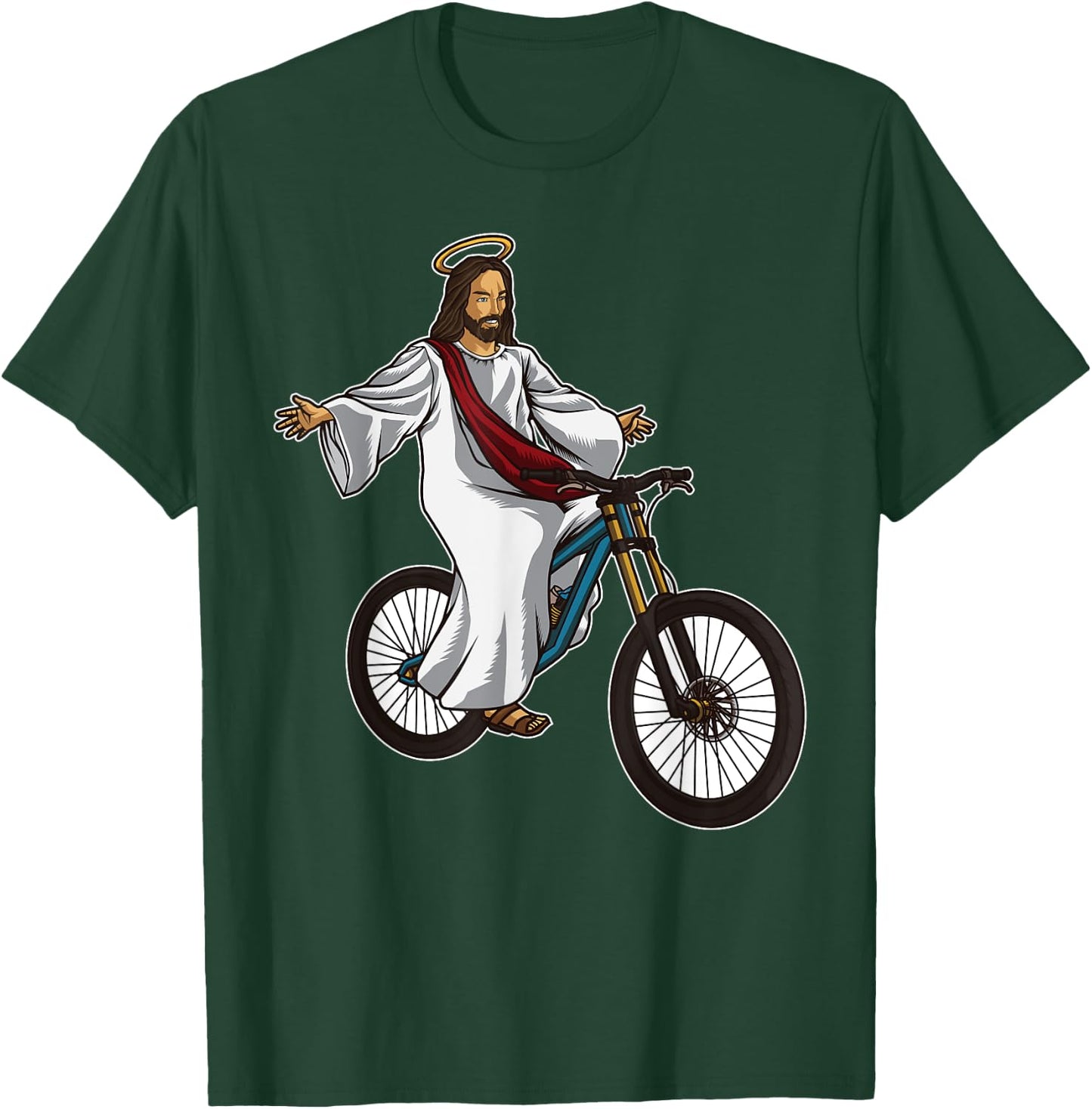 Funny Jesus Bicycle Illustration Riding a Mountainbike T-Shirt - T-Shirt | Forest