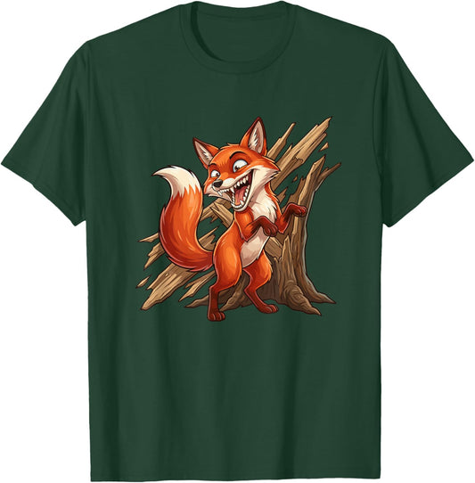 Mischievous Cartoon Fox Crashing Through Wood T-Shirt - T-Shirt | Forest