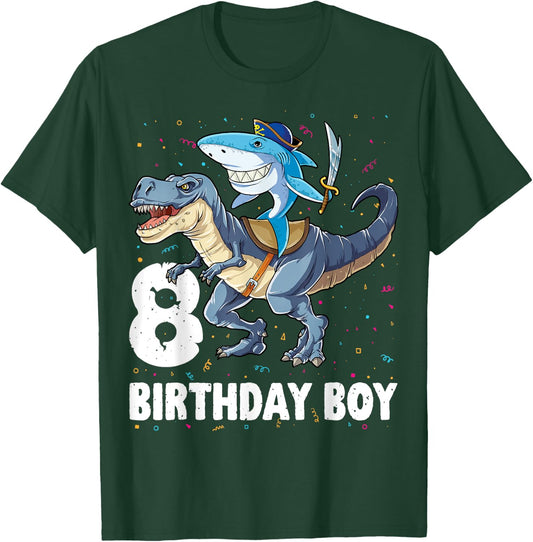 8 year old Shirt 8th Birthday Boy Shark Dinosaur Pirate Gift T-Shirt - T-Shirt | Forest