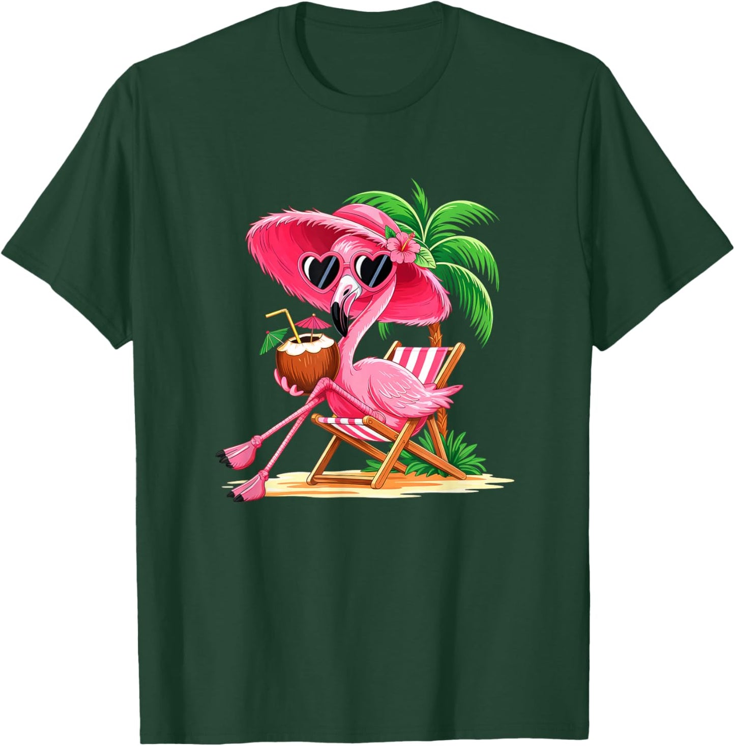 Pink Flamingo Summer Vibes Beach Palm Tree Summer Vacation T-Shirt - T-Shirt | Forest
