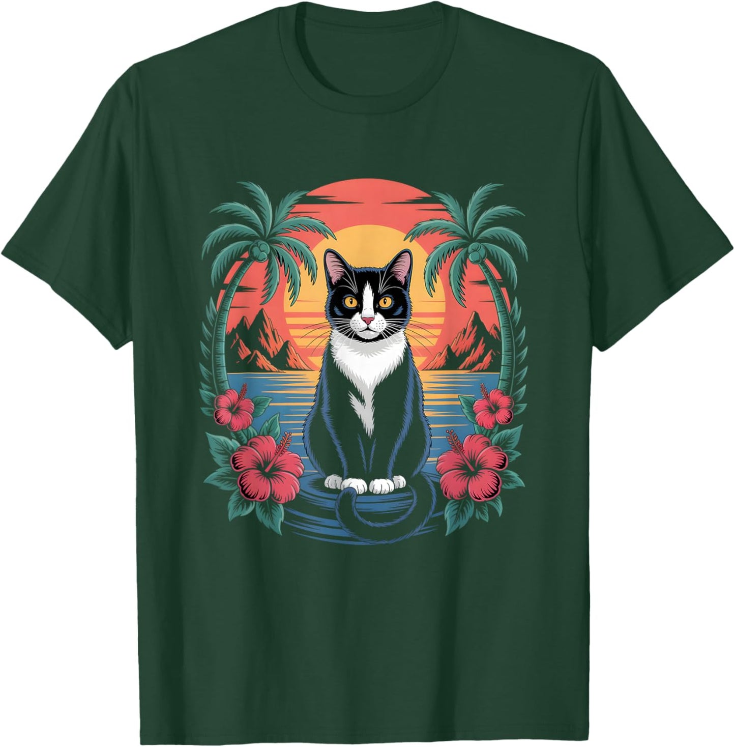 Tuxedo Cat Hawaiian Summer Tropical Beach Vacation Graphic T-Shirt - T-Shirt | Forest