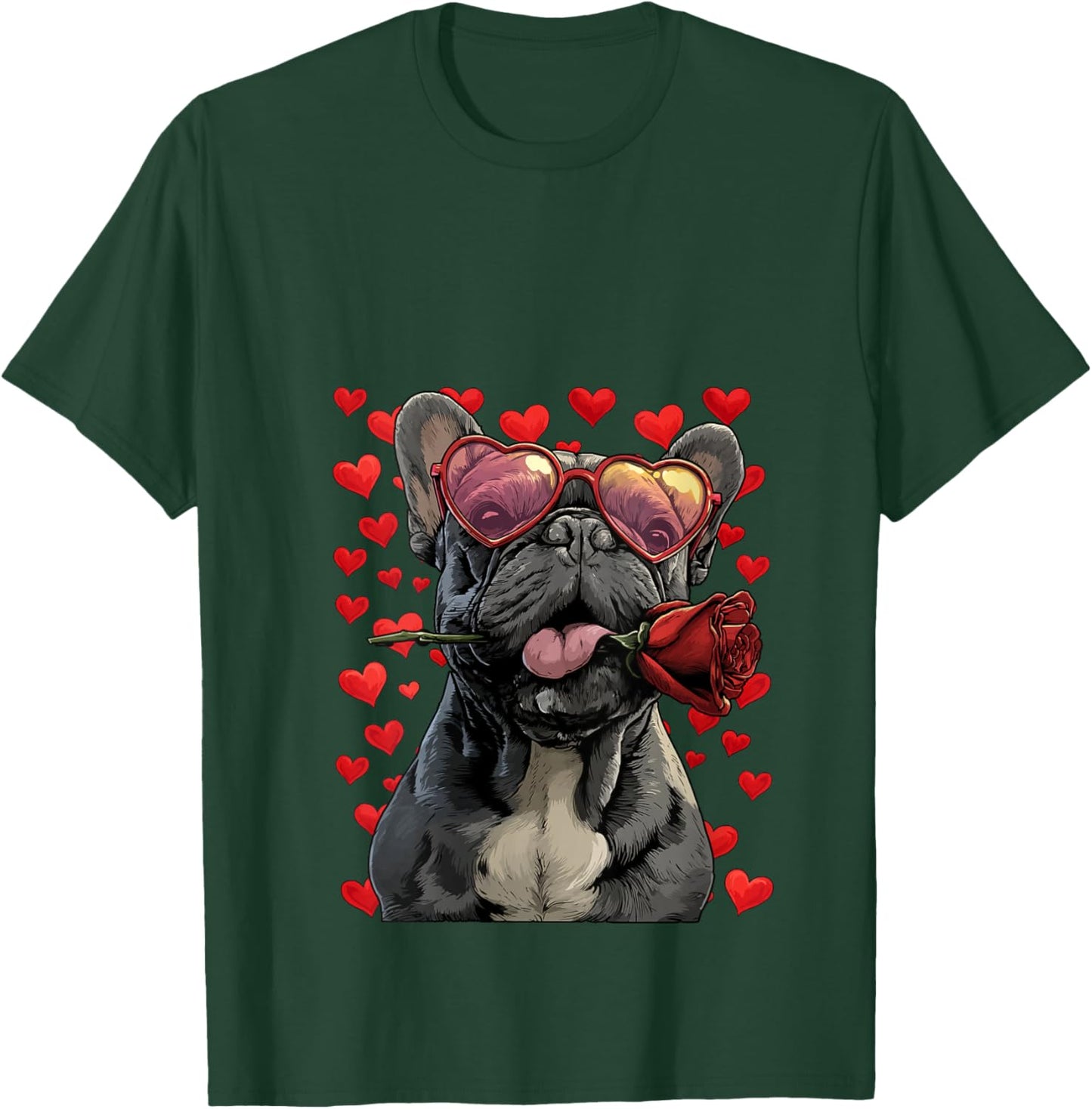 French Bulldog with Heart Glasses Rose Valentine's Day Dog V-Neck T-Shirt - T-Shirt | Forest