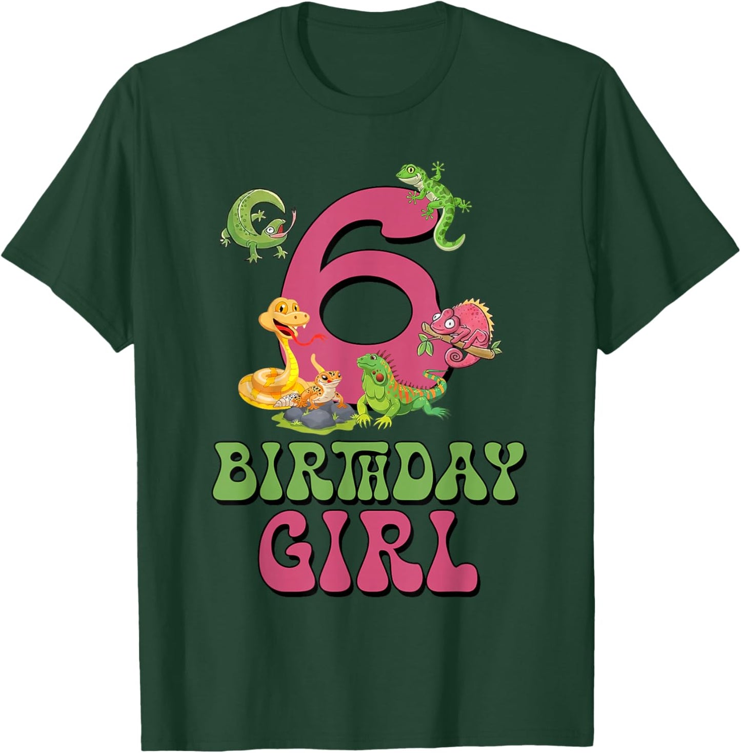 6th Birthday Girl Lizard Reptile 6 Year Old Birthday Party T-Shirt - T-Shirt | Forest