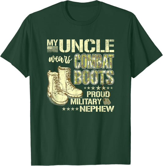 My Uncle Wears Combat Boots Dog Tags Proud Military Nephew T-Shirt - T-Shirt | Forest