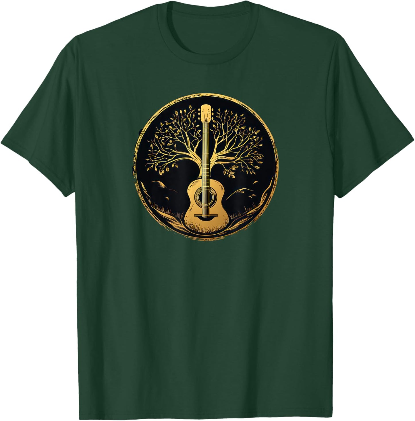 Acoustic Guitar Tree Lake Nature Folk Music Graphic T-Shirt - T-Shirt | Forest