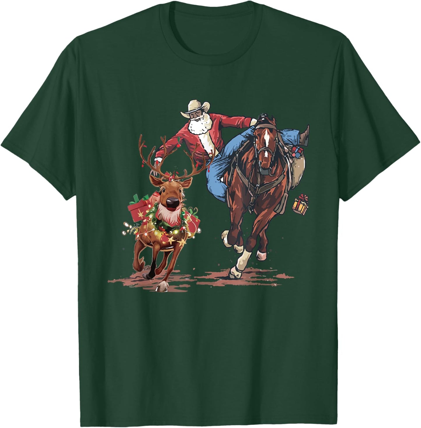Cowboy Santa Riding Horse Reindeers Christmas T-Shirt - T-Shirt | Forest