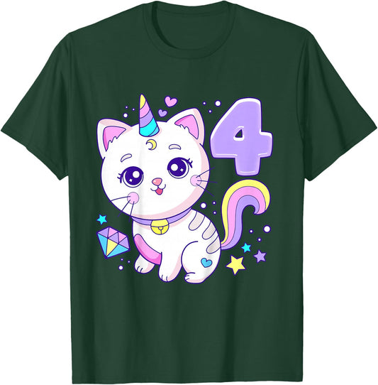 Birthday girl 4 years old, cat, unicorn, 4th birthday T-Shirt - T-Shirt | Forest