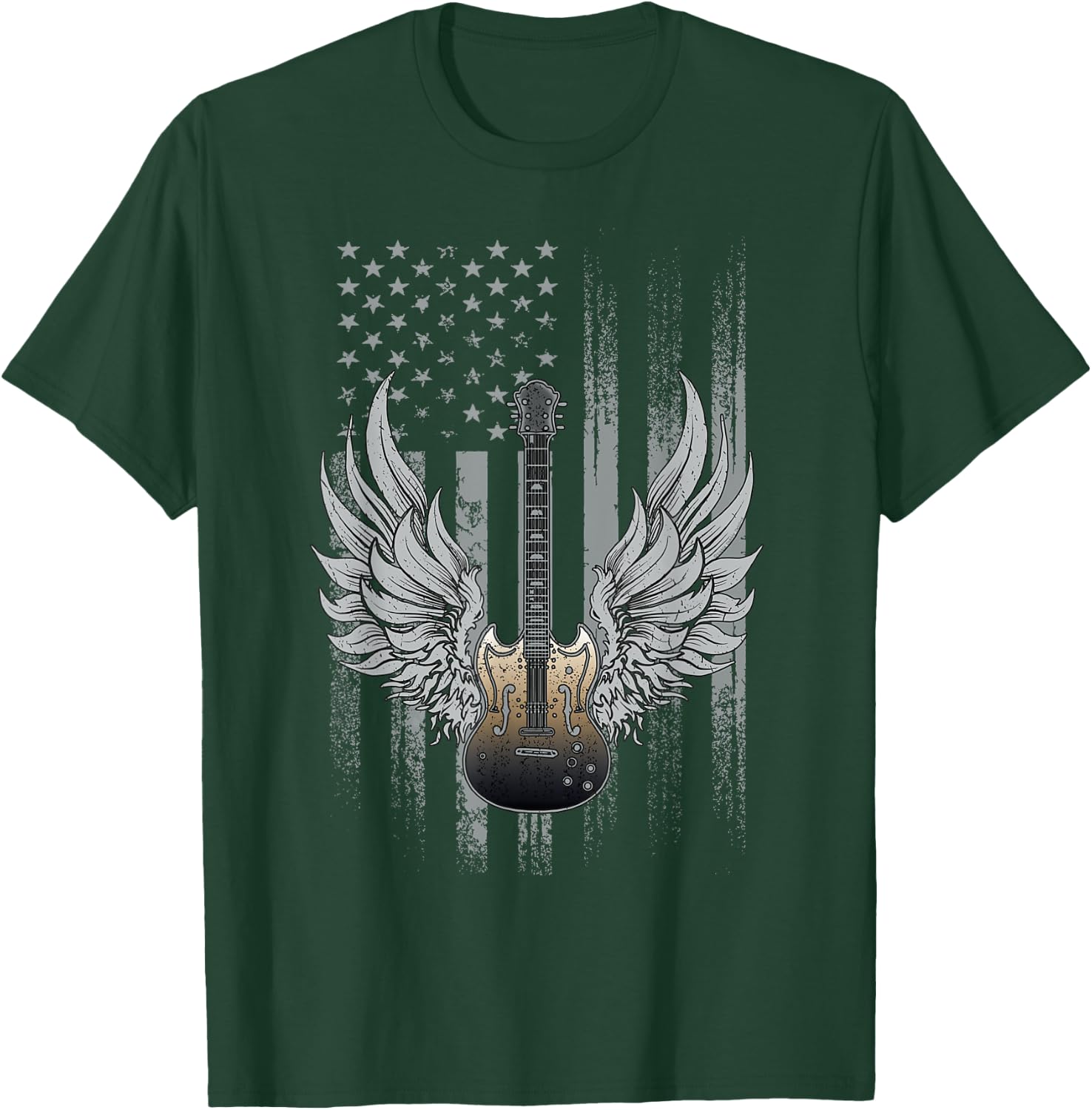 Dibble Dabble Designs Guitar Patriotic Guitar Flag Band Cool Rock and Roll Guitar T-Shirt - T-Shirt | Forest