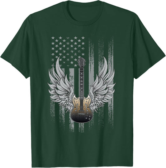 Dibble Dabble Designs Guitar Patriotic Guitar Flag Band Cool Rock and Roll Guitar T-Shirt - T-Shirt | Forest