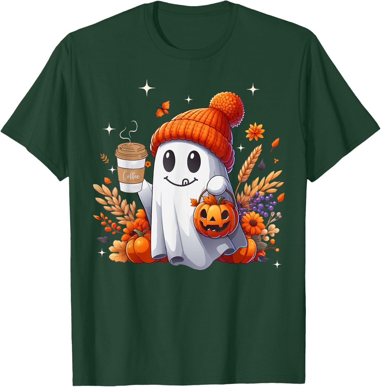 Men Women Autumn Cute Ghost Drinking Coffee Spooky Halloween T-Shirt - T-Shirt | Forest