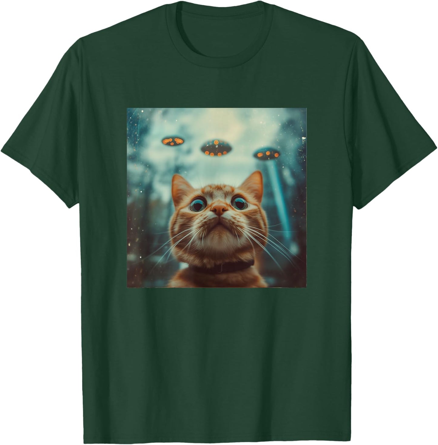 Cat Selfie with UFOs Weird Print Graphic Space Funny T-Shirt - T-Shirt | Forest