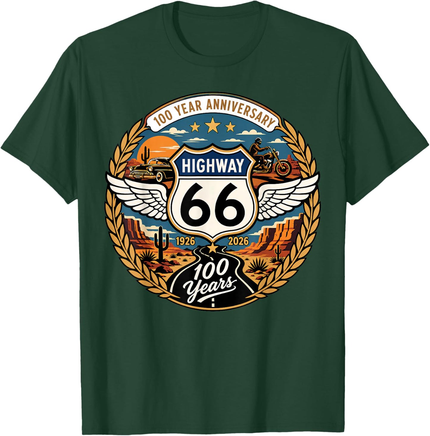 Highway 66 Centennial Car Anniversary 100 Years 1926-2026 T-Shirt - T-Shirt | Forest