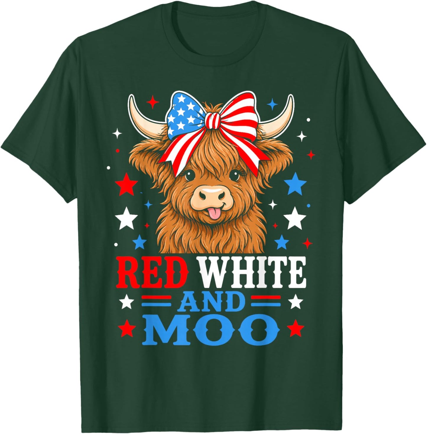 Red White and Moo Highland Patriotic Fluffy Cow 4th of July T-Shirt - T-Shirt | Forest