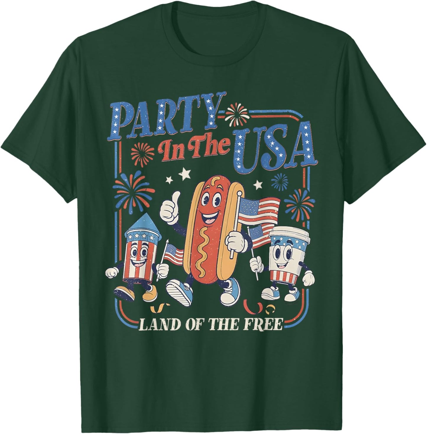Retro Party In The USA Hot Dog Flag USA 4th Of July Party Men Women Kids T-Shirt - T-Shirt | Forest