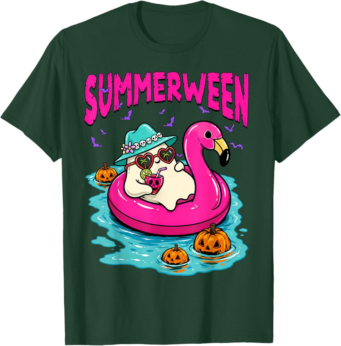 Summerween Funny Ghost Halloween Summer Floating in Flamingo T-Shirt - T-Shirt | Forest