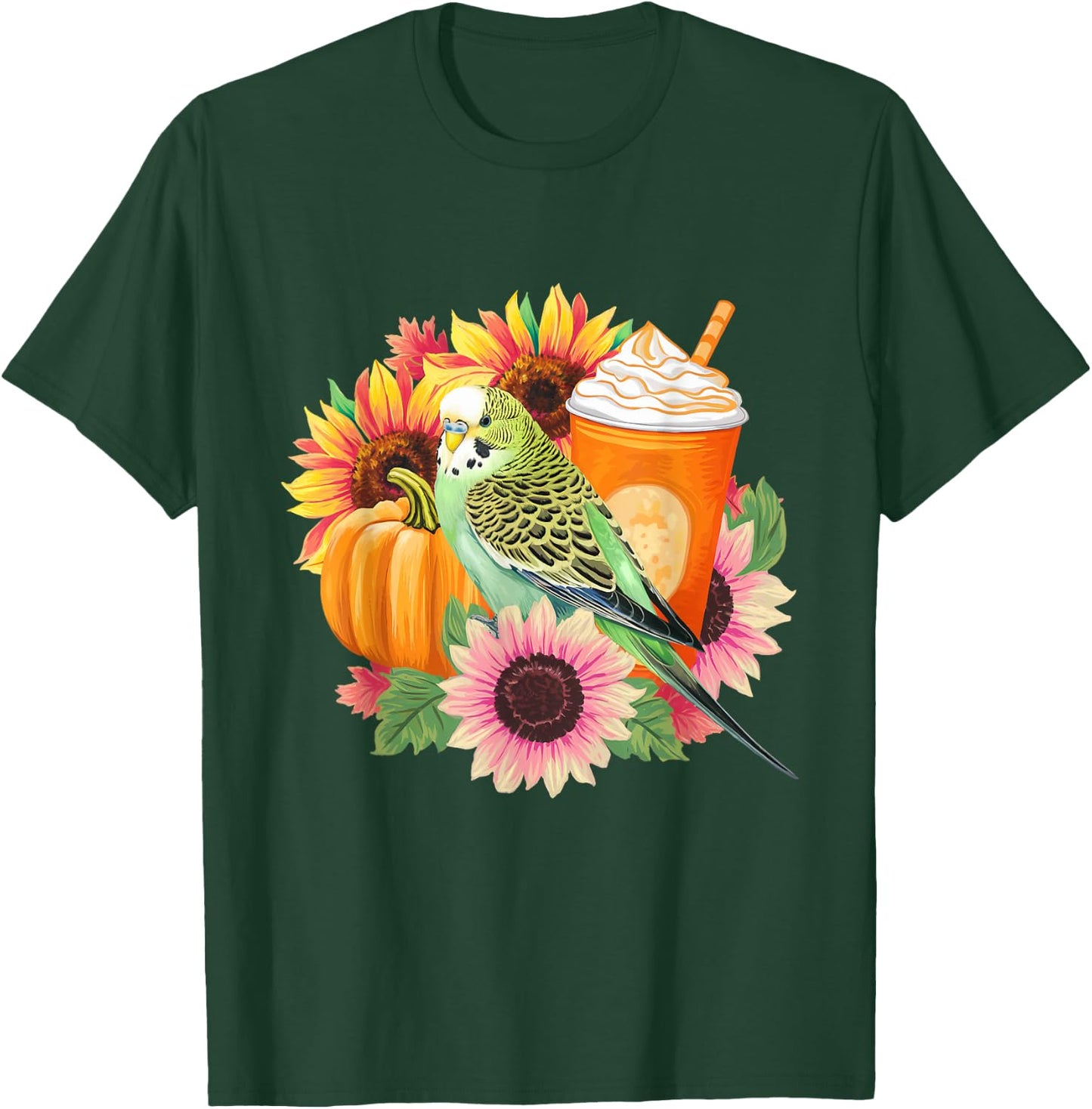 Budgies Autumn Love Pumpkin Latte and Flowers T-Shirt - T-Shirt | Forest