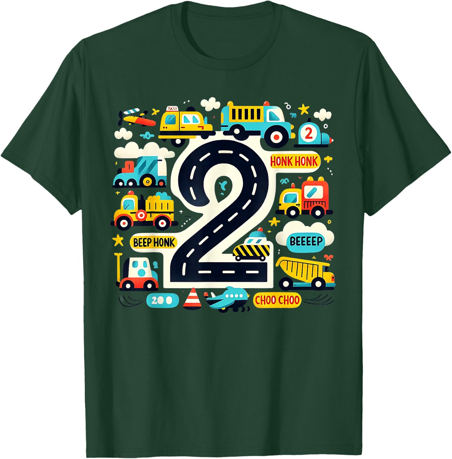 Kids 2 Transportation Trucks Car 2nd Birthday Toddler Boy T-Shirt - T-Shirt | Forest