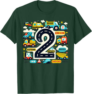 Kids 2 Transportation Trucks Car 2nd Birthday Toddler Boy T-Shirt - T-Shirt | Forest