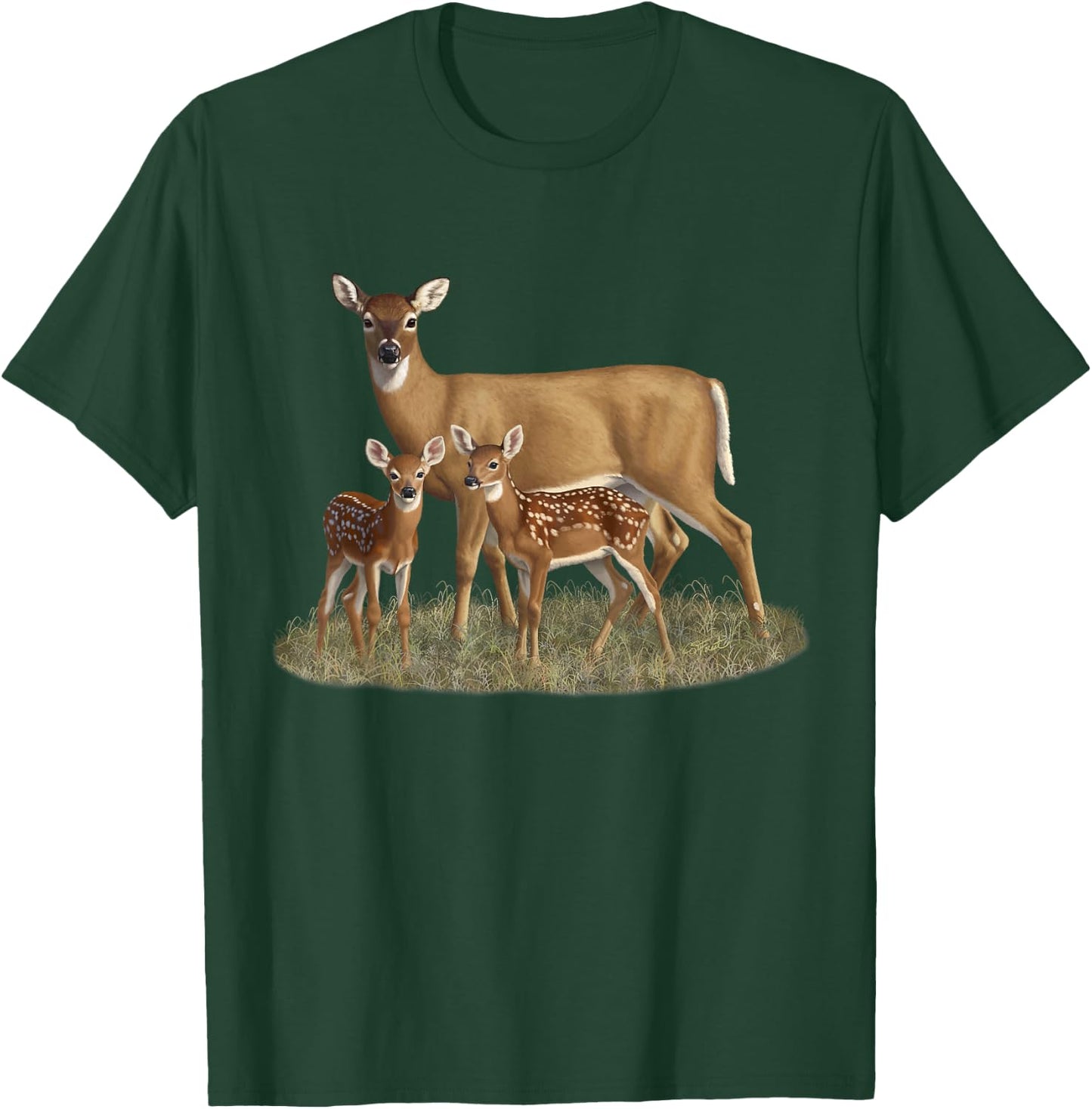 Whitetail Deer Doe & Cute Twin Fawns Wildlife Art T-Shirt - T-Shirt | Forest