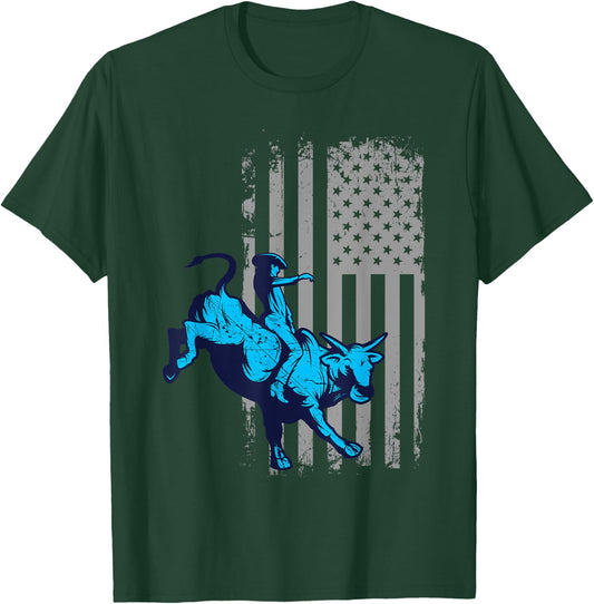Vintage American Flag Bucking Bull Riding Patriotism Rodeo Kids Men T-Shirt - T-Shirt | Forest