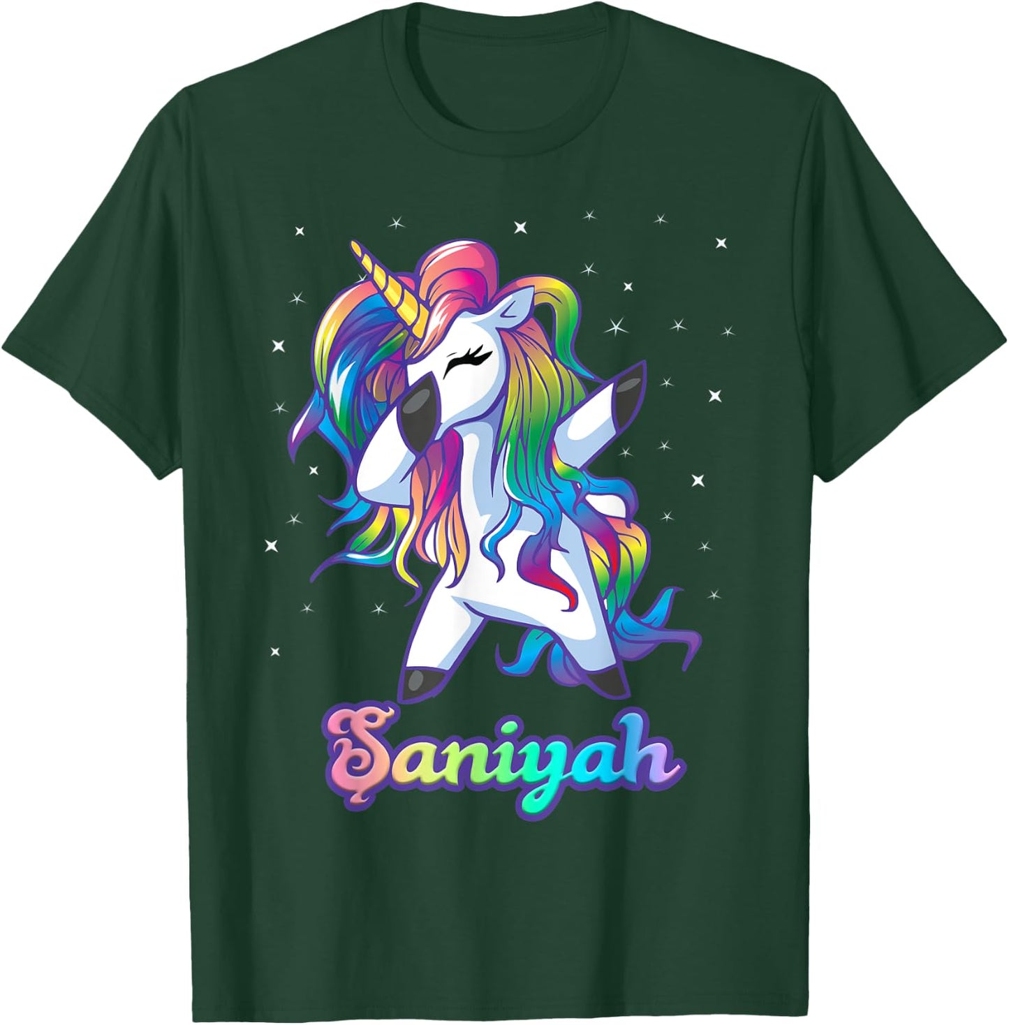 SANIYAH Name Personalized Custom Rainbow Unicorn Dabbing T-Shirt - T-Shirt | Forest
