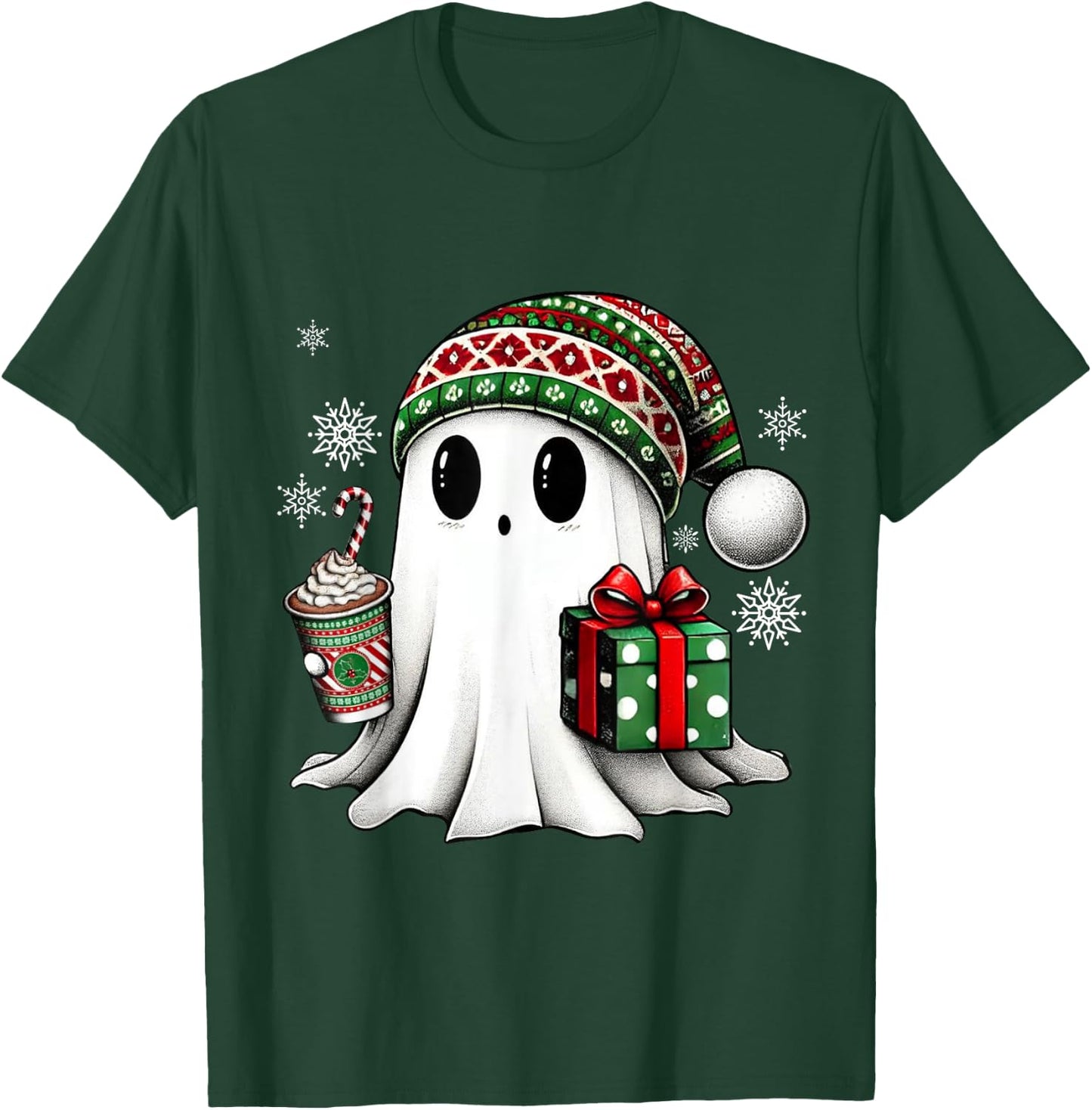 Christmas Cute Ghost Drink Coffee Funny Christmas Ghost T-Shirt - T-Shirt | Forest