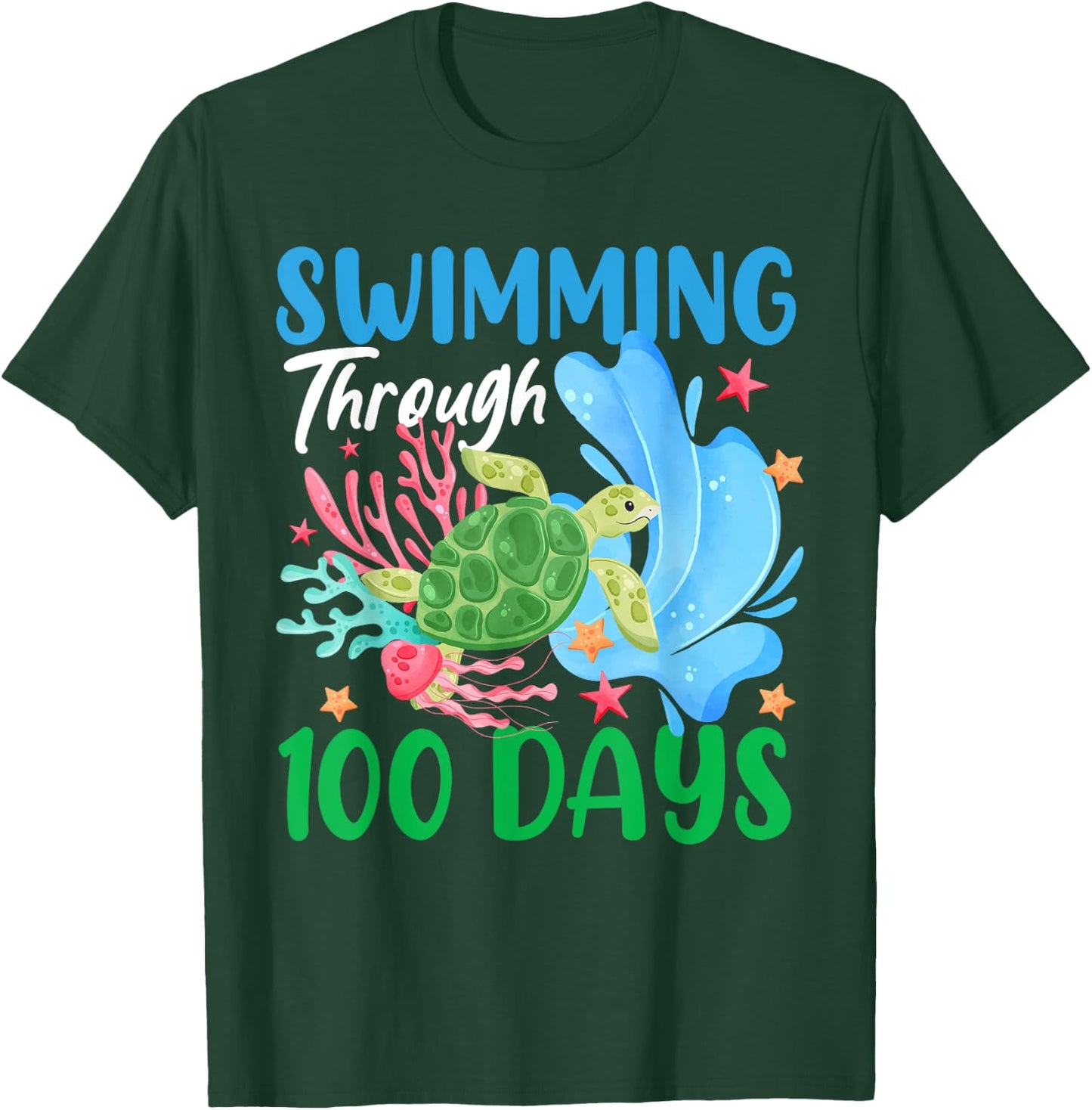 Sea Turtle Swimming Through 100 Days Of School Teacher Kids T-Shirt - T-Shirt | Forest