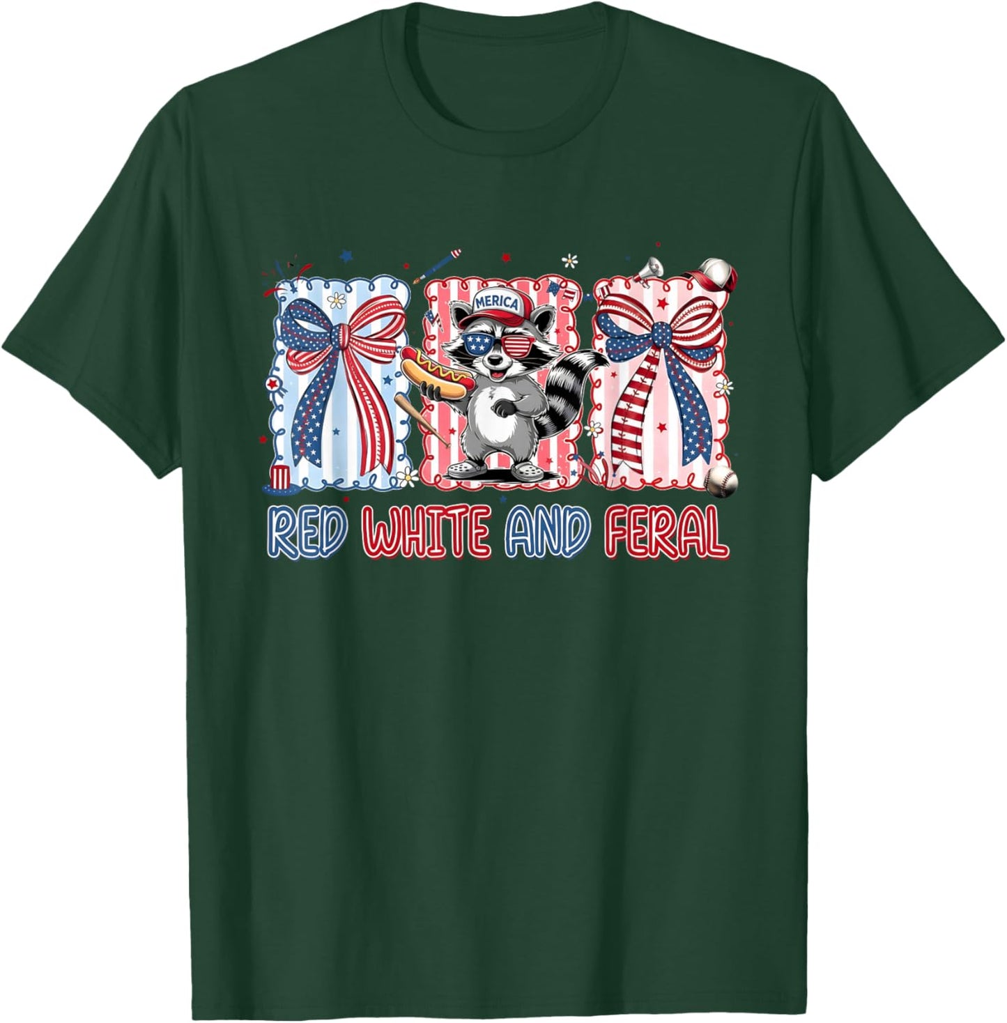 Red White and Feral Patriotic Raccoon Coquette Bow Baseball T-Shirt - T-Shirt | Forest