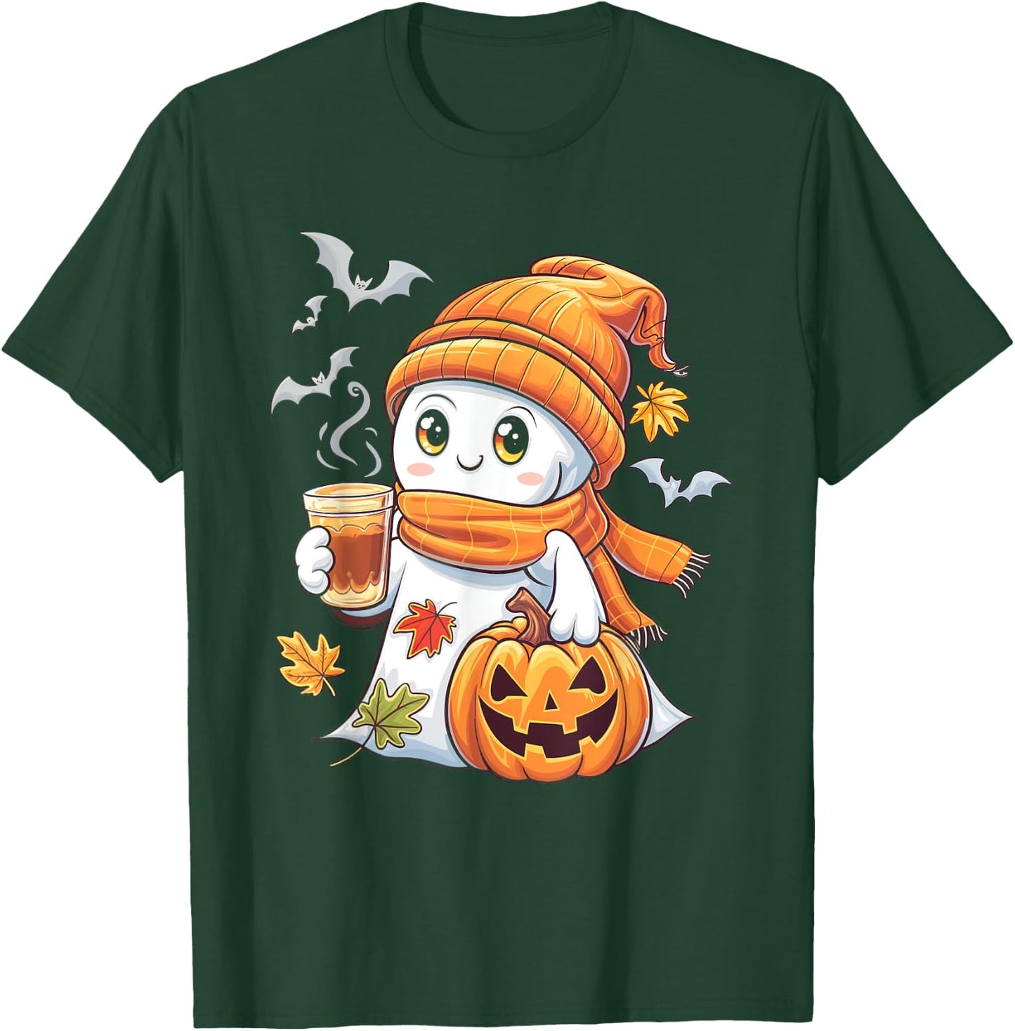 Cute Ghost Pumpkin Coffee Halloween Fall Ghost T-Shirt - T-Shirt | Forest
