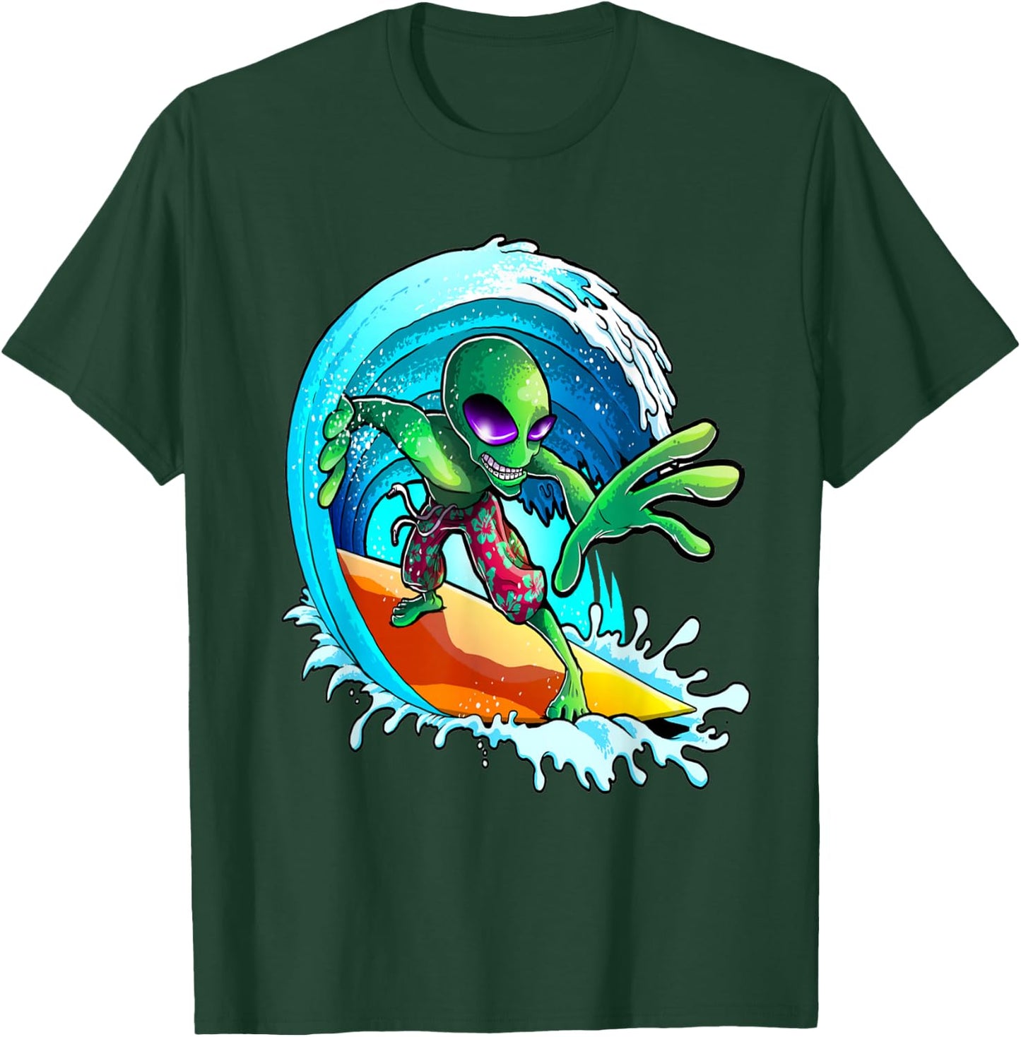 Surfer Alien Funny Summer Surfing Women's and Men's T-Shirt - T-Shirt | Forest