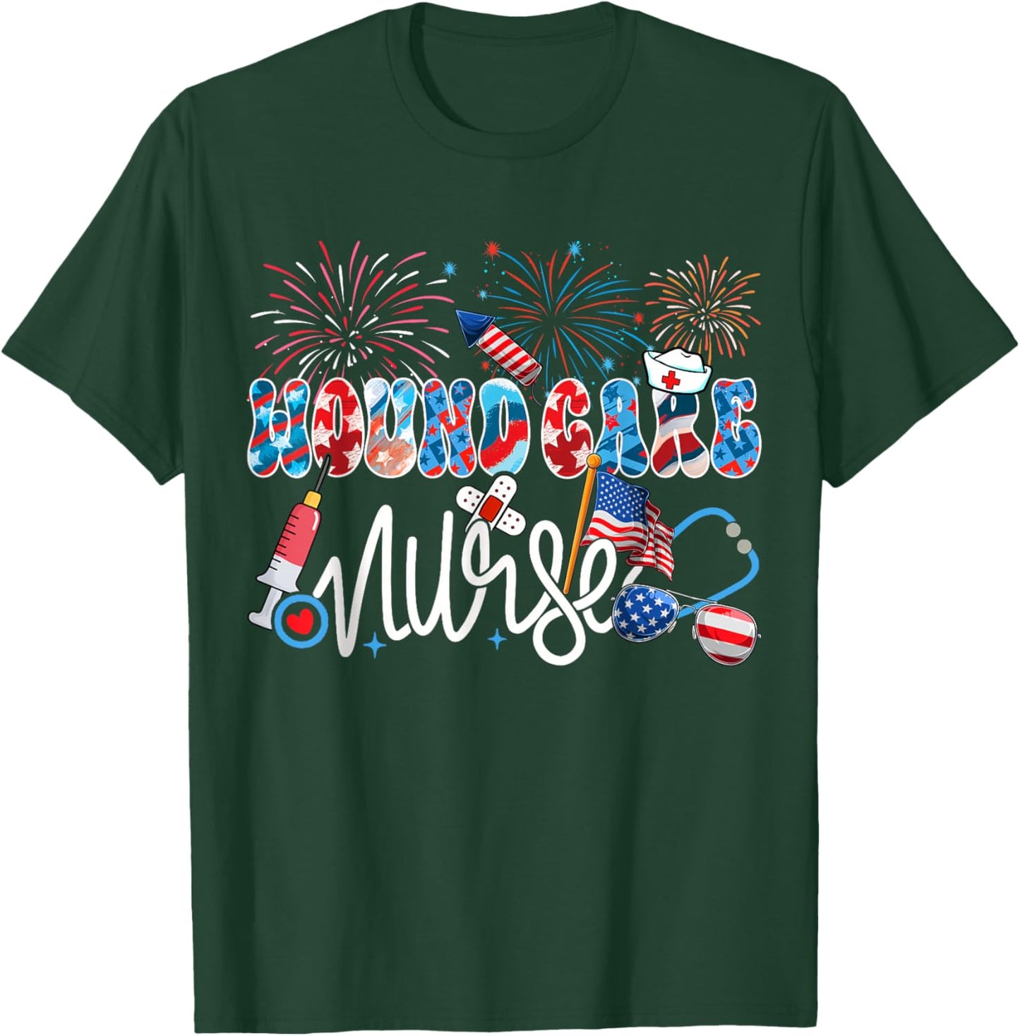 Wound Care Nurse Patriotic USA Flag Stethoscope 4th of July T-Shirt - T-Shirt | Forest