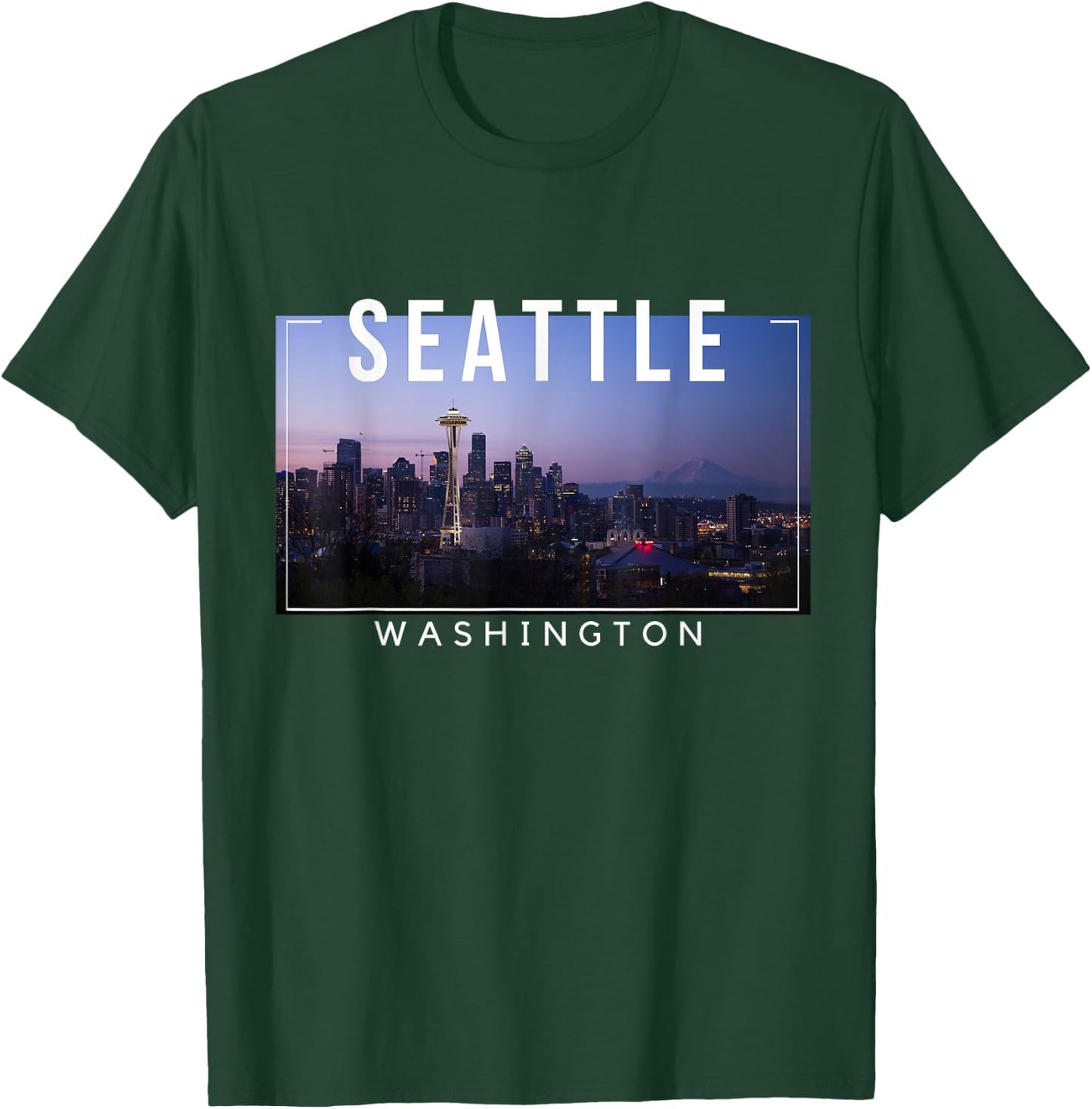 Seattle Washington Skyline Space Needle Mount Rainier T-Shirt - T-Shirt | Forest