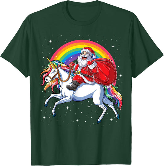 Christmas Santa Riding Unicorn Xmas Girls Women Rainbow T-Shirt - T-Shirt | Forest