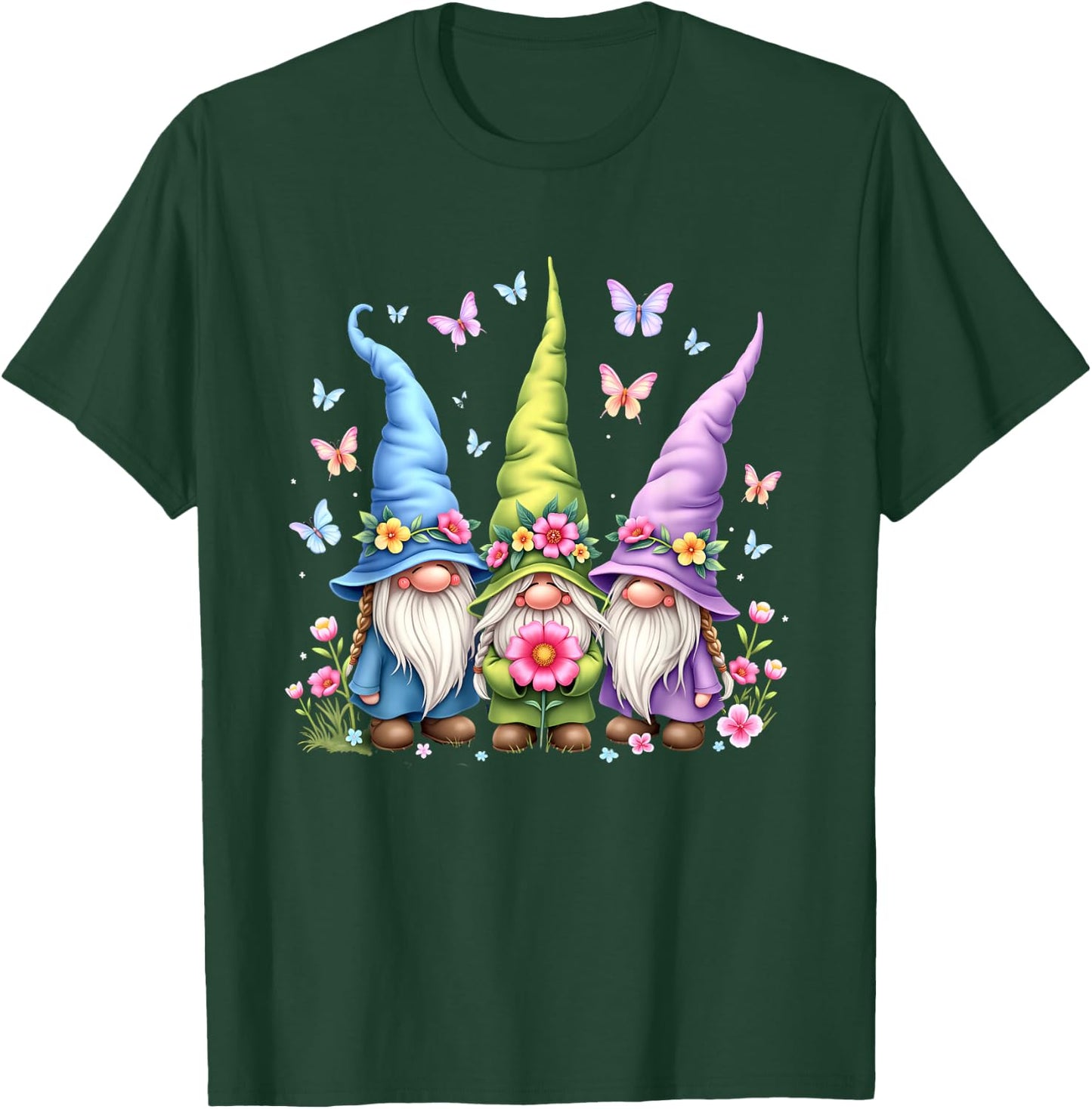 Whimsical Gnome Trio with Flowers and Butterflies T-Shirt - T-Shirt | Forest