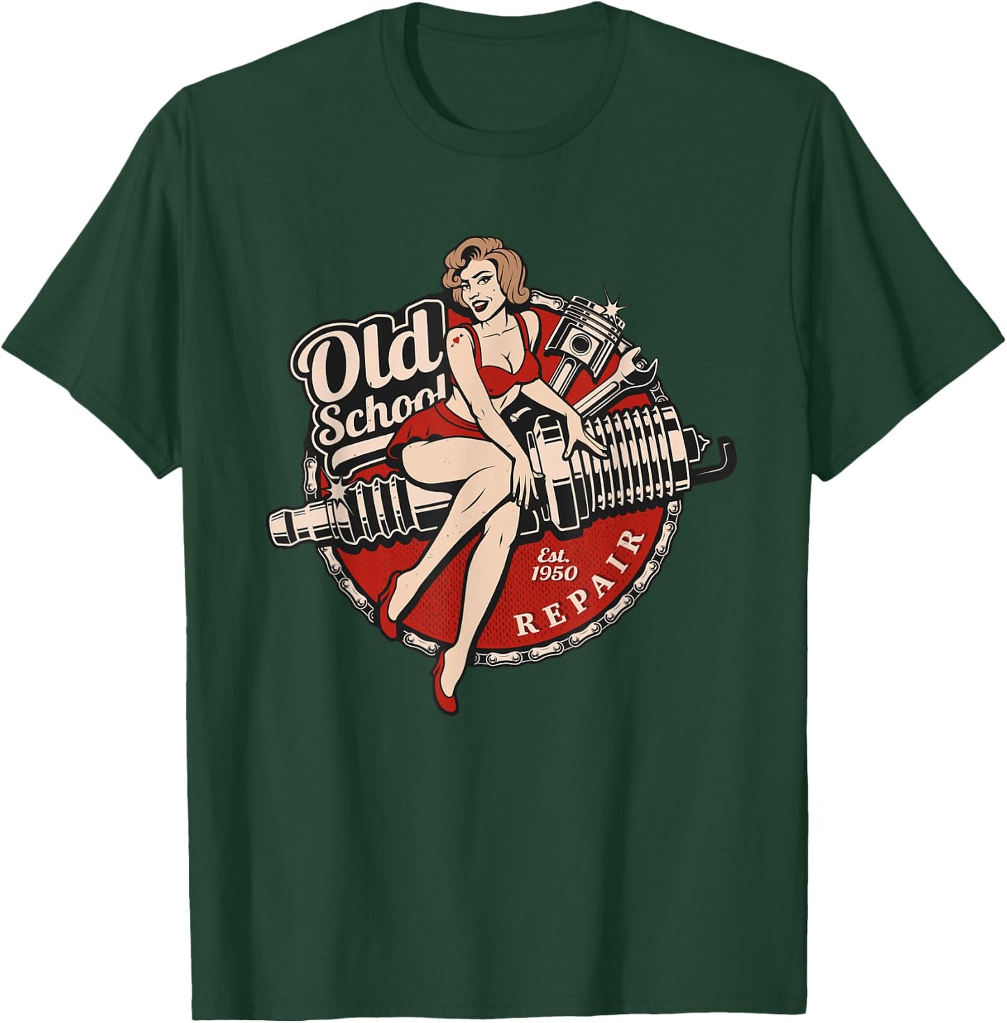 Spark Plug Pinup Mechanic T-Shirt - T-Shirt | Forest