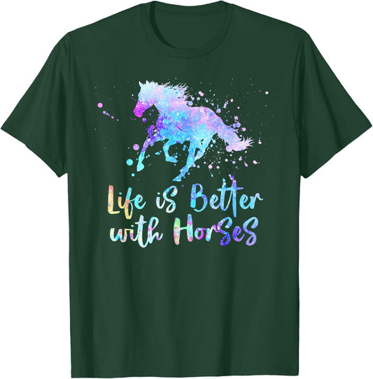 LIFE IS BETTER WITH HORSES Equestrian Rider Teen Tween Girls T-Shirt - T-Shirt | Forest