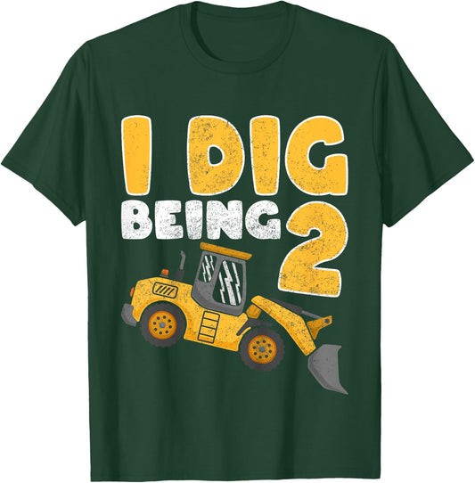 I Dig Being 2 Construction Bulldozer 2nd Birthday Kids T-Shirt - T-Shirt | Forest