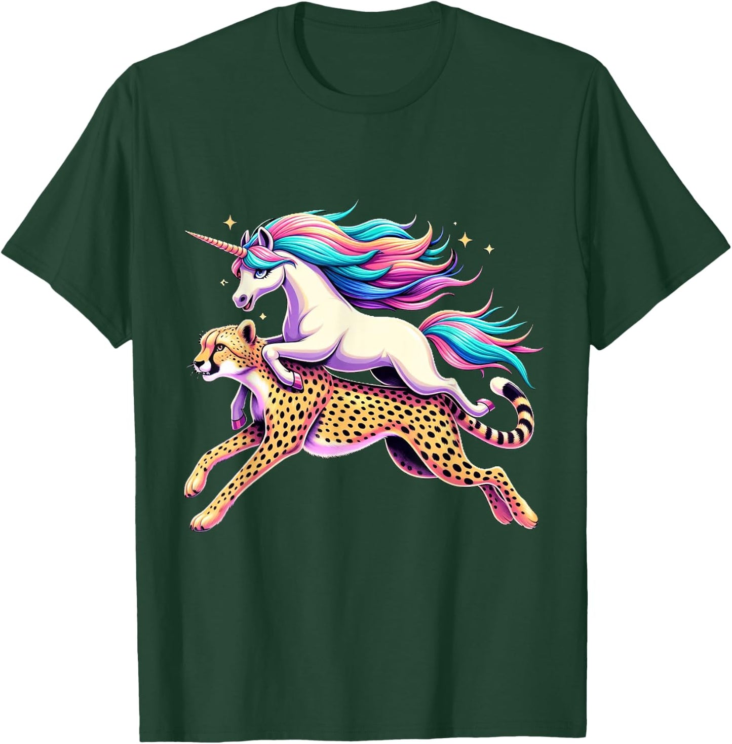 Unicorn Riding Cheetah Boys Girls Men Women Kids Rainbow T-Shirt - T-Shirt | Forest